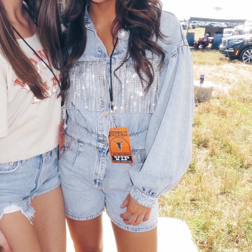 Rhinestone fringe denim romper